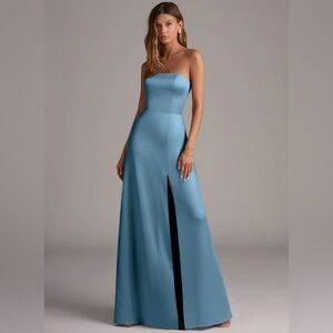 Azazie Wren Stretch Satin Dress- Steel Blue